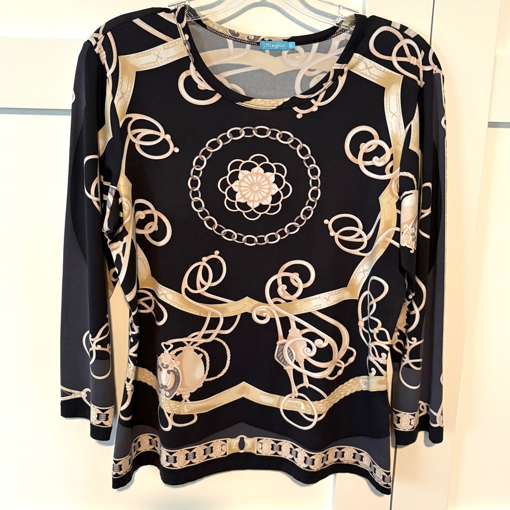 J. McLaughlin Women's Black Khaki Chain Print‎ Catalina Cloth Top in Size S